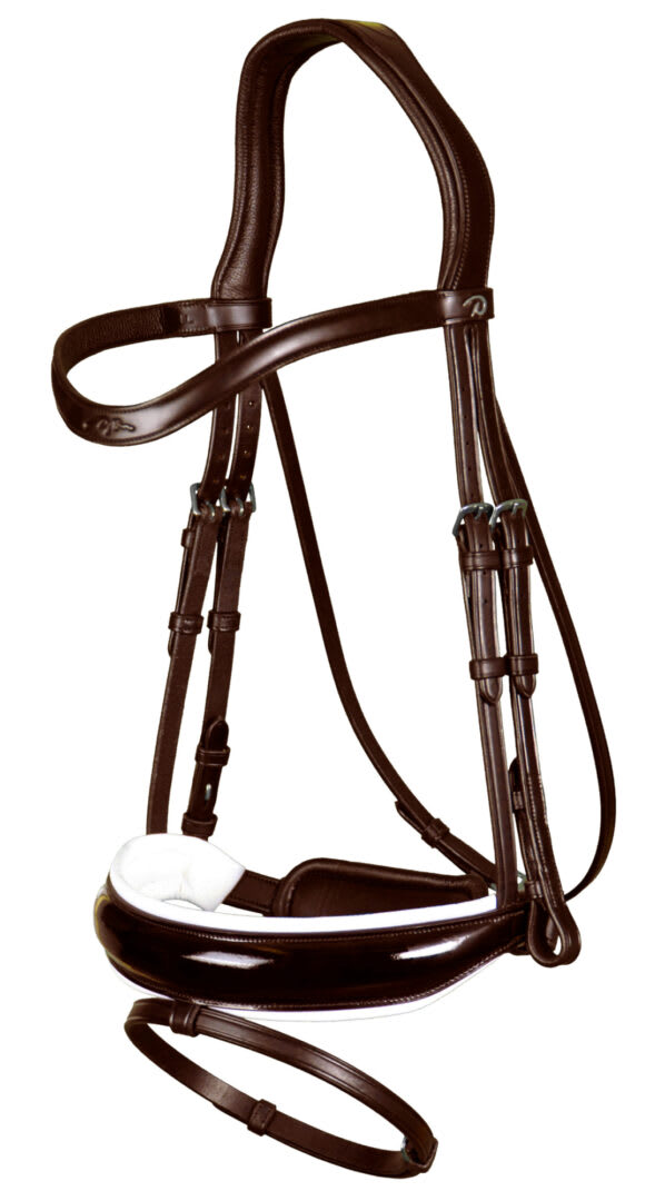 Dyon Patent Large Crank Noseband Bridle With White Padding And Flash New English Collection